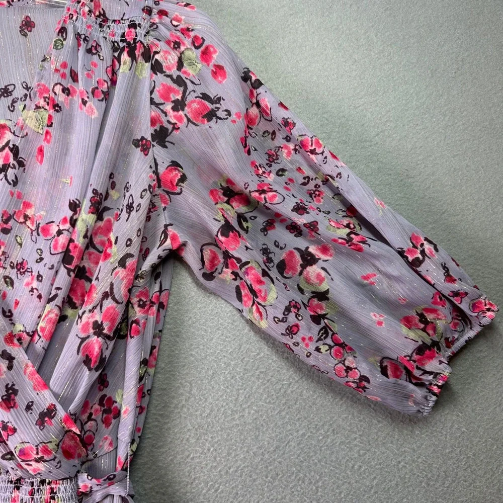 Express Boho Floral Metallic Wrap Blouse Smocked‎ Waist Lavender Romantic XS
